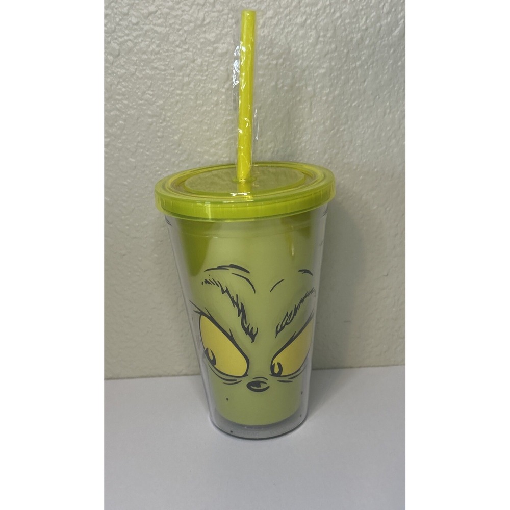 The Grinch Plastic Tumbler With Straw Dr Seuss Green Sleigh Bell Bistro New 16oz